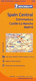 Spain Central : Extremadura, Castile-La Mancha, Madrid : city maps: Mardrid, Toledo, Badajoz, Caceres, index of place names, distances and driving times /